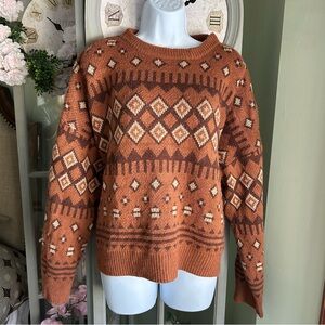 89TH & MADISON Pullover Sweater Crew Neck Rust, Brown & Cream Size XL